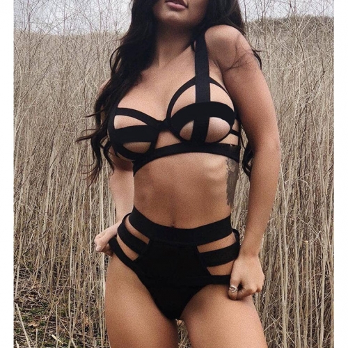 Sexy Cut Out Elastic Bandage Plus Size Bra and Panty Lingerie Set N17483
