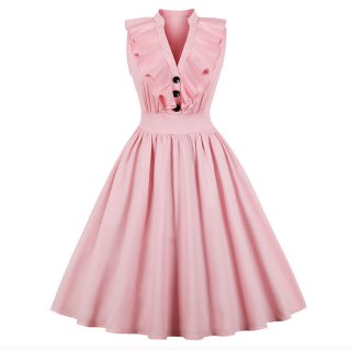 Casual Pink Sleeveless V Neck Ruffled Falbala Midi Summer Day Dress N17238