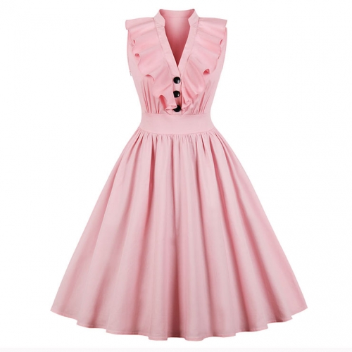Casual Pink Sleeveless V Neck Ruffled Falbala Midi Summer Day Dress N17238