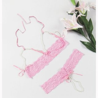 Sexy Pink Halter Pearl Lace Open Cup Bra Top and T-back Lingerie Set N17189