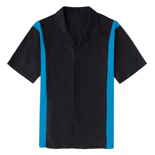 Fashion Black Splicing Panel Casual Fifties Bowling Shirt with Pocket N17186