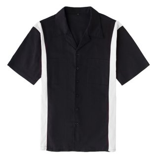 Fashion Black Splicing Panel Casual Fifties Bowling Shirt with Pocket N17185