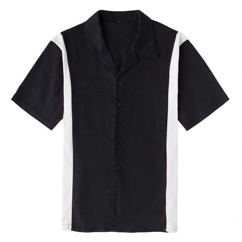 Fashion Black Splicing Panel Casual Fifties Bowling Shirt with Pocket N17185