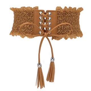 Fashion Camel Faux Leather Floral Lace Lace-up Elastic Wide Waist Belt N16946