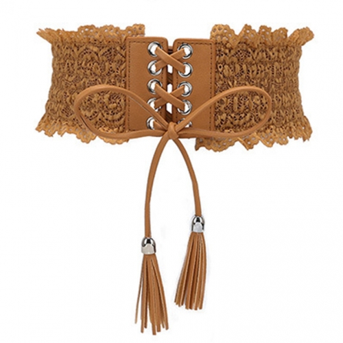 Fashion Camel Faux Leather Floral Lace Lace-up Elastic Wide Waist Belt N16946
