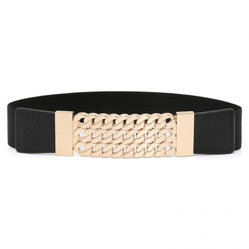 Women's Fashion Black Faux Leather Hollow Out Metal Elastic Waist Belt N16939