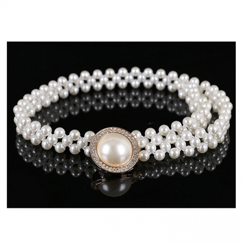 Women's Fashion White Simulated Pearl Skinny Thin Waist Belt N16938