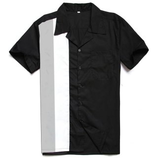 Fashion Black Splicing Panel Beer Shirt Casual Fifties Bowling Shirt with Pocket N16753