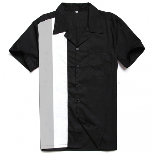 Fashion Black Splicing Panel Beer Shirt Casual Fifties Bowling Shirt with Pocket N16753