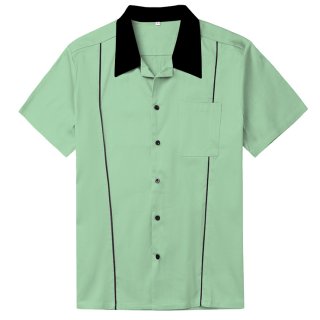 Fashion Green Male Splicing Pocket Beer Shirt Casual Fifties Bowling Shirt N16752