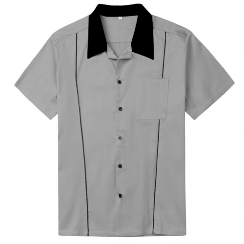 Fashion Gray Male Splicing Pocket Beer Shirt Casual Fifties Bowling Shirt N16751