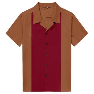 Fashion Brown/Red Male Splicing Beer Shirt Casual Fifties Bowling Shirt N16720