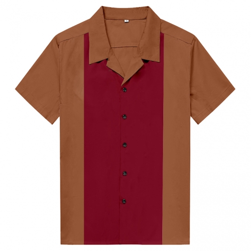 Fashion Brown/Red Male Splicing Beer Shirt Casual Fifties Bowling Shirt N16720