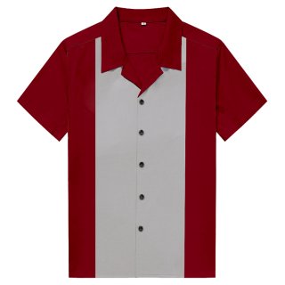 Red Male Splicing Beer Shirt Casual Fifties Bowling Shirt N16718