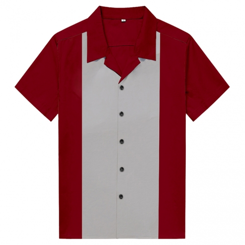 Red Male Splicing Beer Shirt Casual Fifties Bowling Shirt N16718