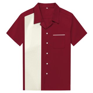 Red Male Retro Splicing Panel Casual Fifties Bowling Shirt N16687