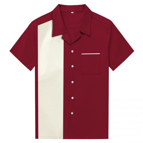 Red Male Retro Splicing Panel Casual Fifties Bowling Shirt N16687