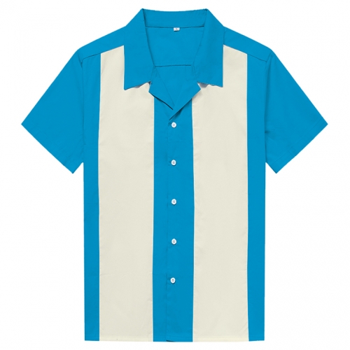 Blue Male Patchwork Beer Shirt Casual Fifties Bowling Shirt N16685