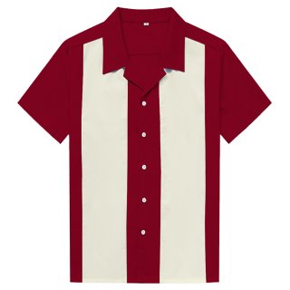 Wine-Red Male Patchwork Beer Shirt Casual Fifties Bowling Shirt N16684