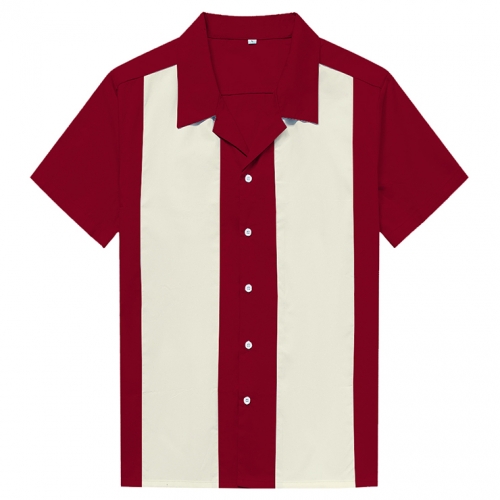 Wine-Red Male Patchwork Beer Shirt Casual Fifties Bowling Shirt N16684