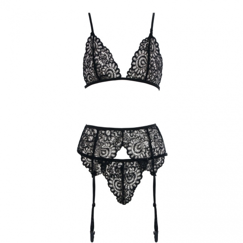 Sexy Black Floral Lace Bra Top and Panty Bikini Lingerie Set with Garters N16430
