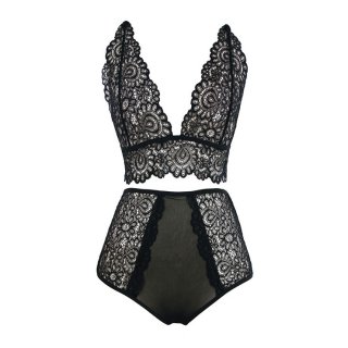 Charming Black Floral Lace Bra Top and Panty Lingerie Set N16413