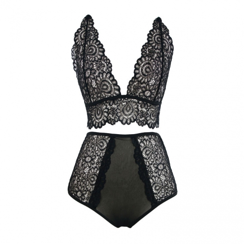 Charming Black Floral Lace Bra Top and Panty Lingerie Set N16413