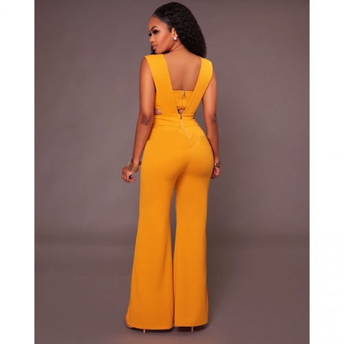 Women's Sexy Yellow Bandeau Patchwork Wide Leg Split One Piece Jumpsuit N16309