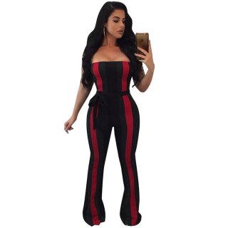 Women's Sexy Black Strapless Bosycon Stripe High Waist Bellbottoms Jumpsuit N16297