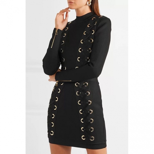 Women's Sexy Black High Neck Long Sleeve Hollow Out Lace-up Bodycon Dress N16304