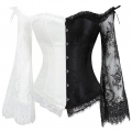 Women's Fashion Black/White Plastic Boned Overbust Corset with Long Floral Lace Sleeve N16211