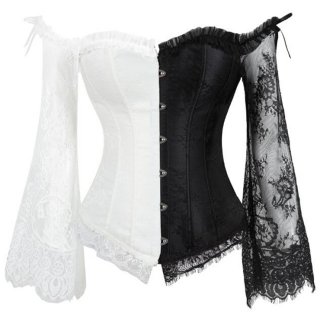 Women's Fashion Black/White Plastic Boned Overbust Corset with Long Floral Lace Sleeve N16211