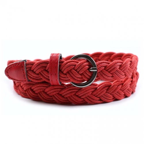 Women's Fashion Red Braided Single Prong Buckle Thin Waist Belt N16056