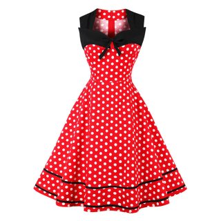 Women's Red Vintage Sleeveless Dot Print Plus Size Swing Dress N15581