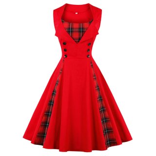 Women's Vintage Tartan Plaid Patchwork Sleeveless Casual Cocktail Dress N15503