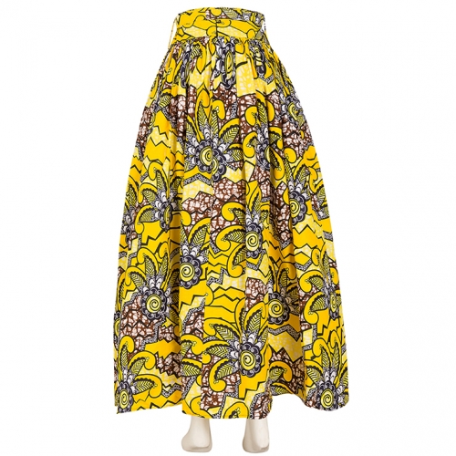 Women's Elegant Yellow Print Maxi Cotton Skirt with Belt N15272