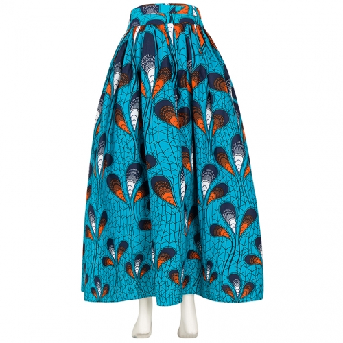 Women's Elegant Peacock Feather Print Maxi Cotton Skirt with Belt N15271