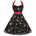 Vintage Sweetheart Neckline Halter Backless Cherry Print Casual Swing Knee-length Dress N14854