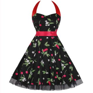 Vintage Sweetheart Neckline Halter Backless Cherry Print Casual Swing Knee-length Dress N14854