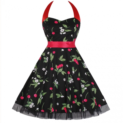Vintage Sweetheart Neckline Halter Backless Cherry Print Casual Swing Knee-length Dress N14854