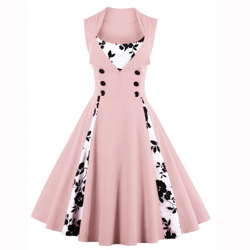 Vintage Rockabilly Floral Print Sleeveless Casual Cocktail Dress N14844
