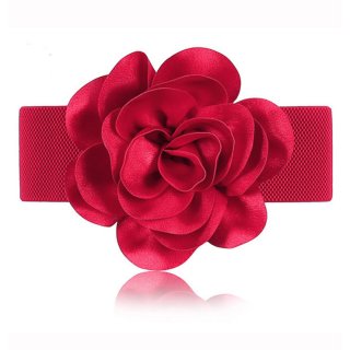 Women Elegant Snap Closure Elastic Chiffon Flower Wide Waist Belt N14829