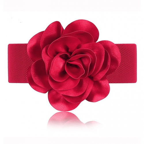 Women Elegant Snap Closure Elastic Chiffon Flower Wide Waist Belt N14829