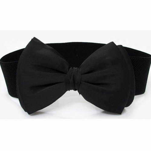 Women Elegant Front Button Closure Elastic Big Bow Wide Waist Belt N14807