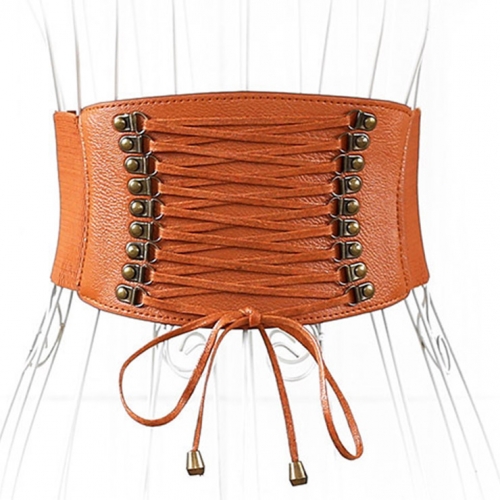 Brown Leather Front Lace Up High Waisted Cincher Corset Belt N14793