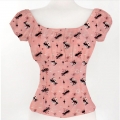 Women Pink Vintage Black Cat Print Peasant Top N14778
