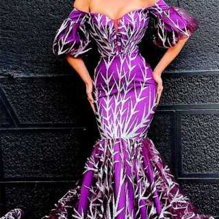 Elegant Violet Mermaid Evening Dress With Silver Branch Sequins Embroidery Off-Shoulder Puff Sleeve High Waist Floor Length Formal Party Gown For Women