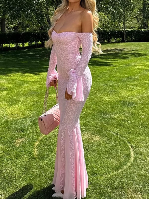 Women's Y2K Off Shoulder Lace Mermaid Maxi Dress Sexy Long Flare Sleeve Hollow Out Bodycon Evening Party Gown Elegant Pink Floral Lace Banquet Prom Wedding Guest Slim Fit Long Dress for Ladies