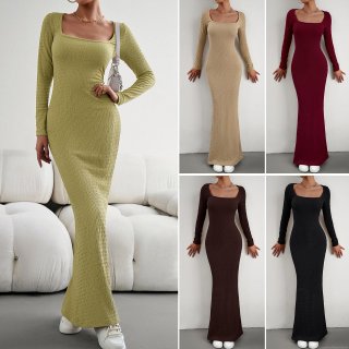 Women Sexy Square Neck Long Sleeve Maxi Dress Slim Fit Knitted Polyester Spandex Textured Bodycon Long Dress For Party Evening Autumn Casual