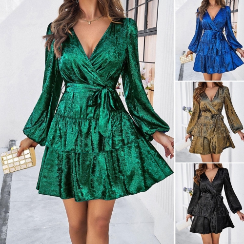 Women's Sexy V Neck Metallic Luster Puff Long Sleeve Tiered Ruffle Dress Elegant Waist Tie A-Line Mini Party Cocktail Evening Gown For Women